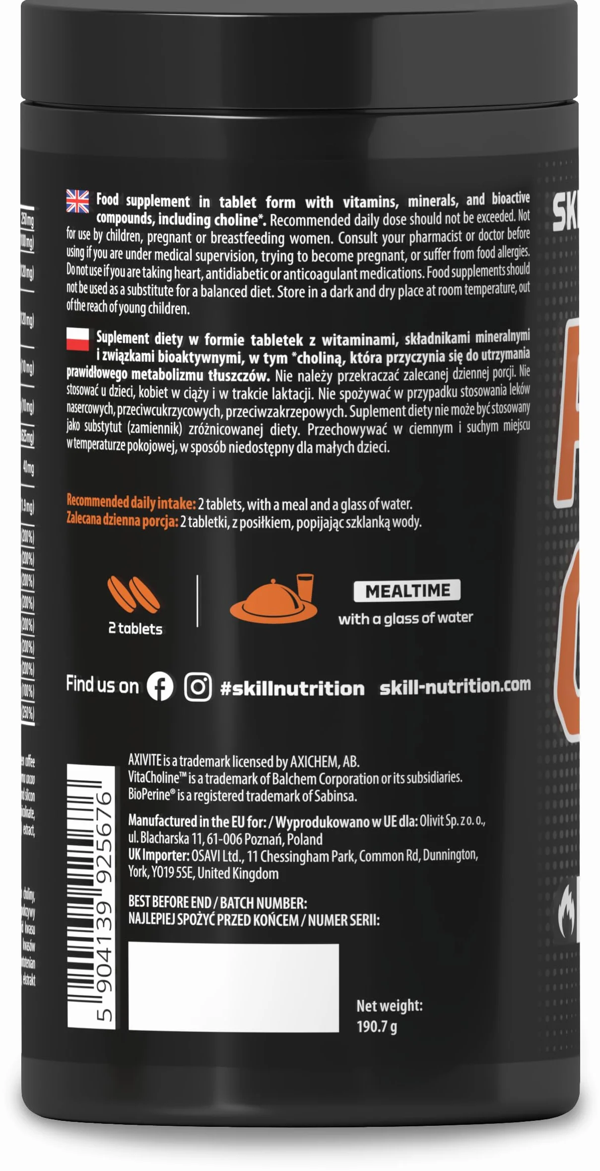 Skill Nutrition Pro Cut | 180 tabletek | Zaawansowana formuła wspomagająca spalanie tłuszczu | Ekstrakt z zielonej herbaty | L-karnityna | CLA | BioPerine® | Wsparcie metabolizmu i energii