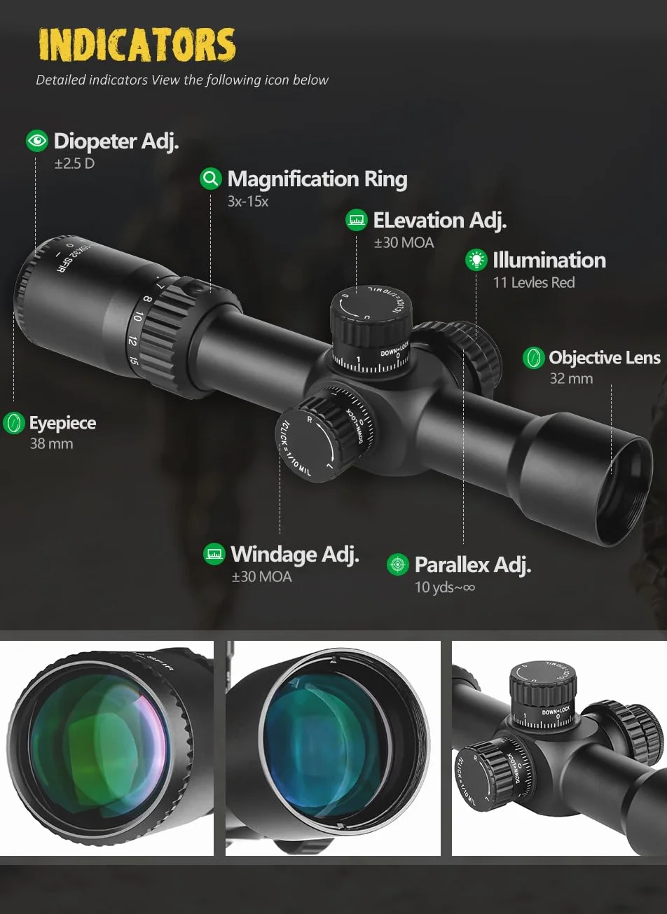SPINA OPTICS Celownik optyczny 3-15x32 FFP dla karabinu myśliwskiego Pierwsze ogniskowe płaszczyzny taktyczne strzelby myśliwskie z RGB Mil-dot podświetlaną siatką
