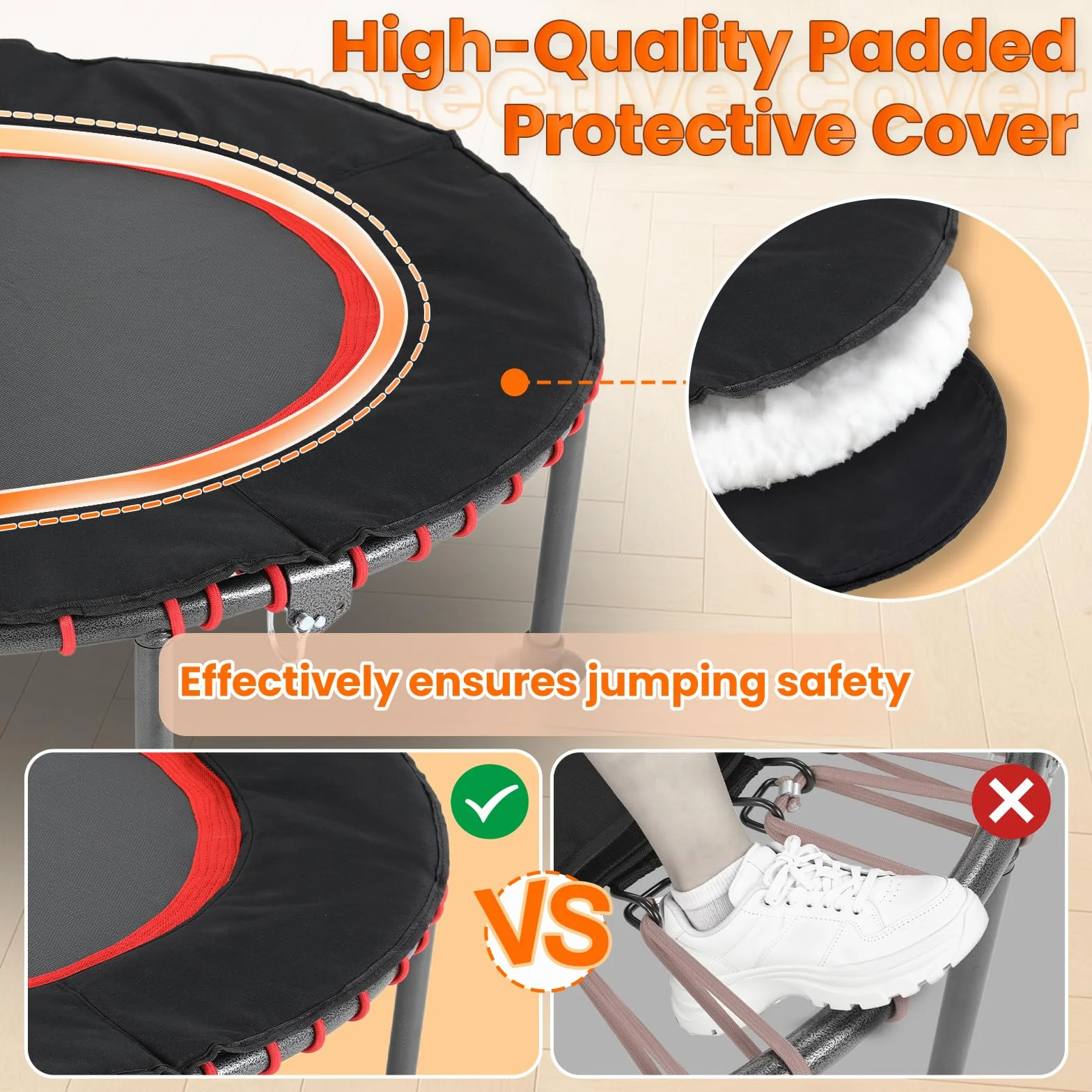 LIFERUN Trampolina fitness do użytku wewnątrz Ø 102/122 cm, mini gumowe linki, trampolina, udźwig 150 kg, wyściełany pokrowiec ochronny, regulowany uchwyt, dla dorosłych, stabilna, cicha, do domu