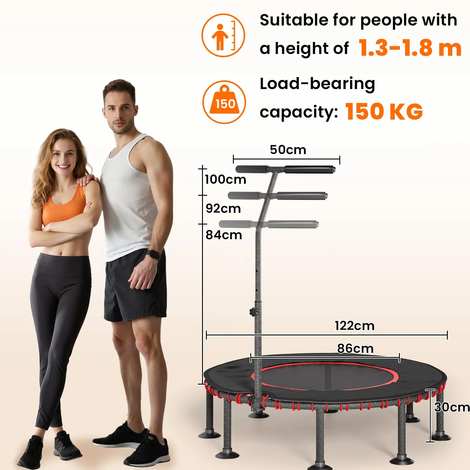 LIFERUN Trampolina fitness do użytku wewnątrz Ø 102/122 cm, mini gumowe linki, trampolina, udźwig 150 kg, wyściełany pokrowiec ochronny, regulowany uchwyt, dla dorosłych, stabilna, cicha, do domu
