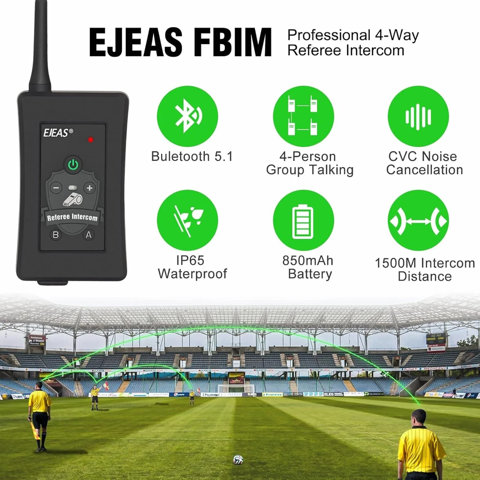 EJEAS FBIM profesjonalny sędzia piłkarski, interkom Bluetooth, system komunikacji, 1500 m, interkom online dla 4 osób, redukcja szumów CVC, z kieszenią na ramię (2 sztuki)