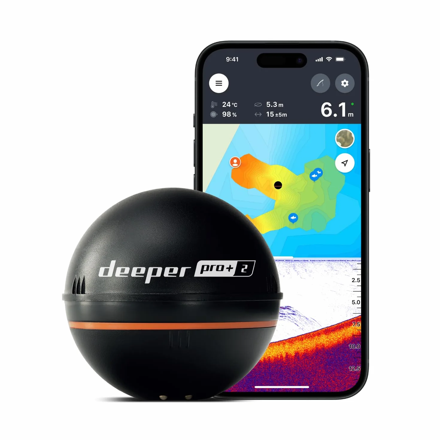 Deeper Smart Sonar Pro+ 2 echosonda echosonda – z miernikiem głębokości i nadajnikiem GPS | wędkowanie w kajaku, łodzi lub podczas łowienia ryb na lodzie | z bezpłatną aplikacją