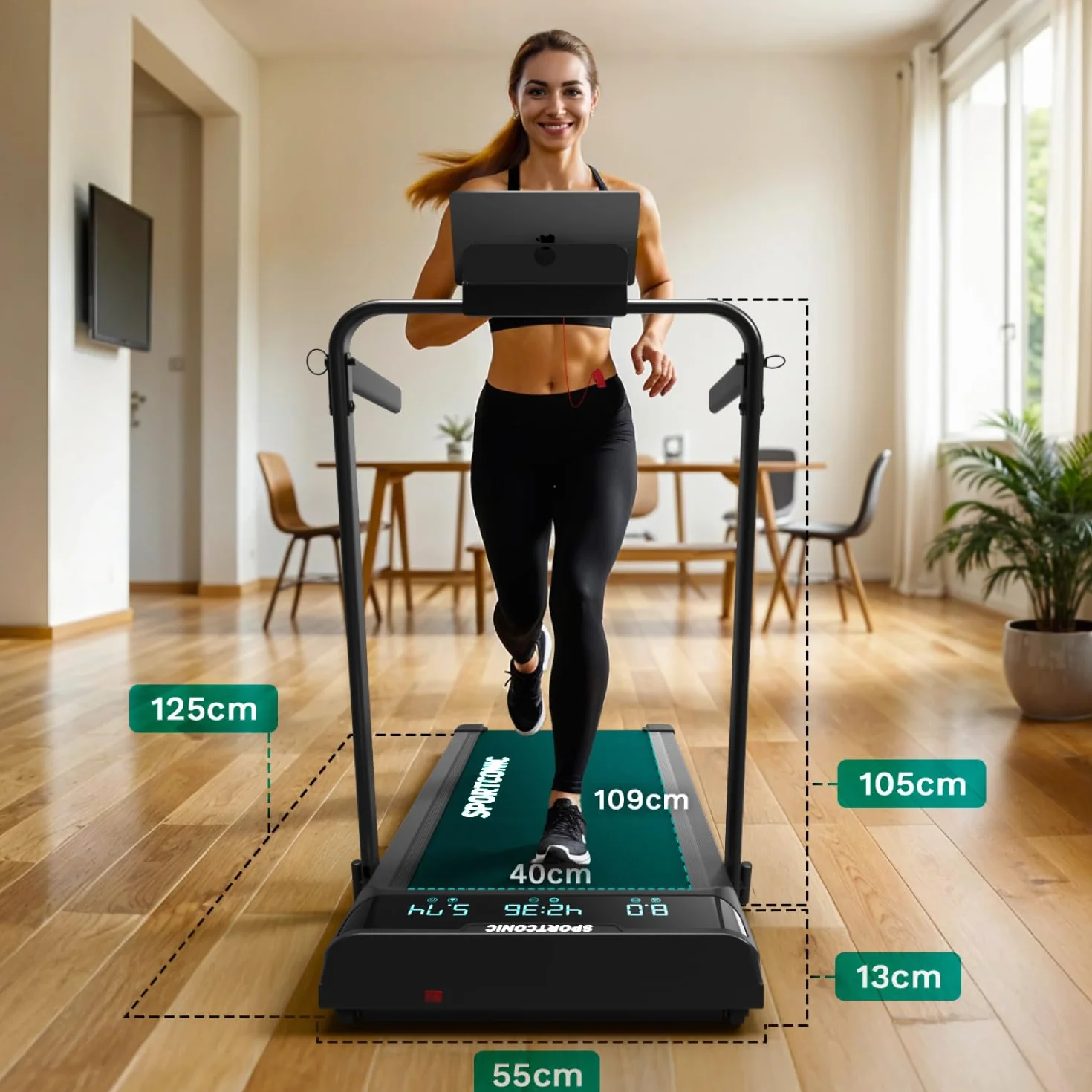 Sportconic Bieżnia do Domu z Nachyleniem, Walking Pad, Kompaktowa i Cicha Bieżnia, Bieżnia pod Biurko do Chodzenia i Biegania