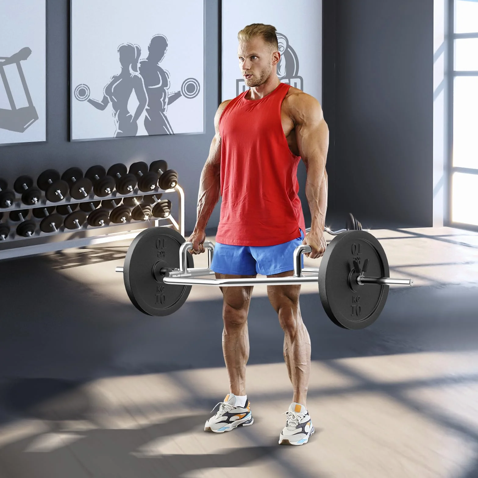GOPLUS Trap Bar, sześciokątny drążek ze stali o obciążeniu do 226 kg, sztanga ze składanym uchwytem, radełkowanie i zamknięcie sprężynowe, drążek sześciokątny do przysiadów i martwego ciągu, srebrny