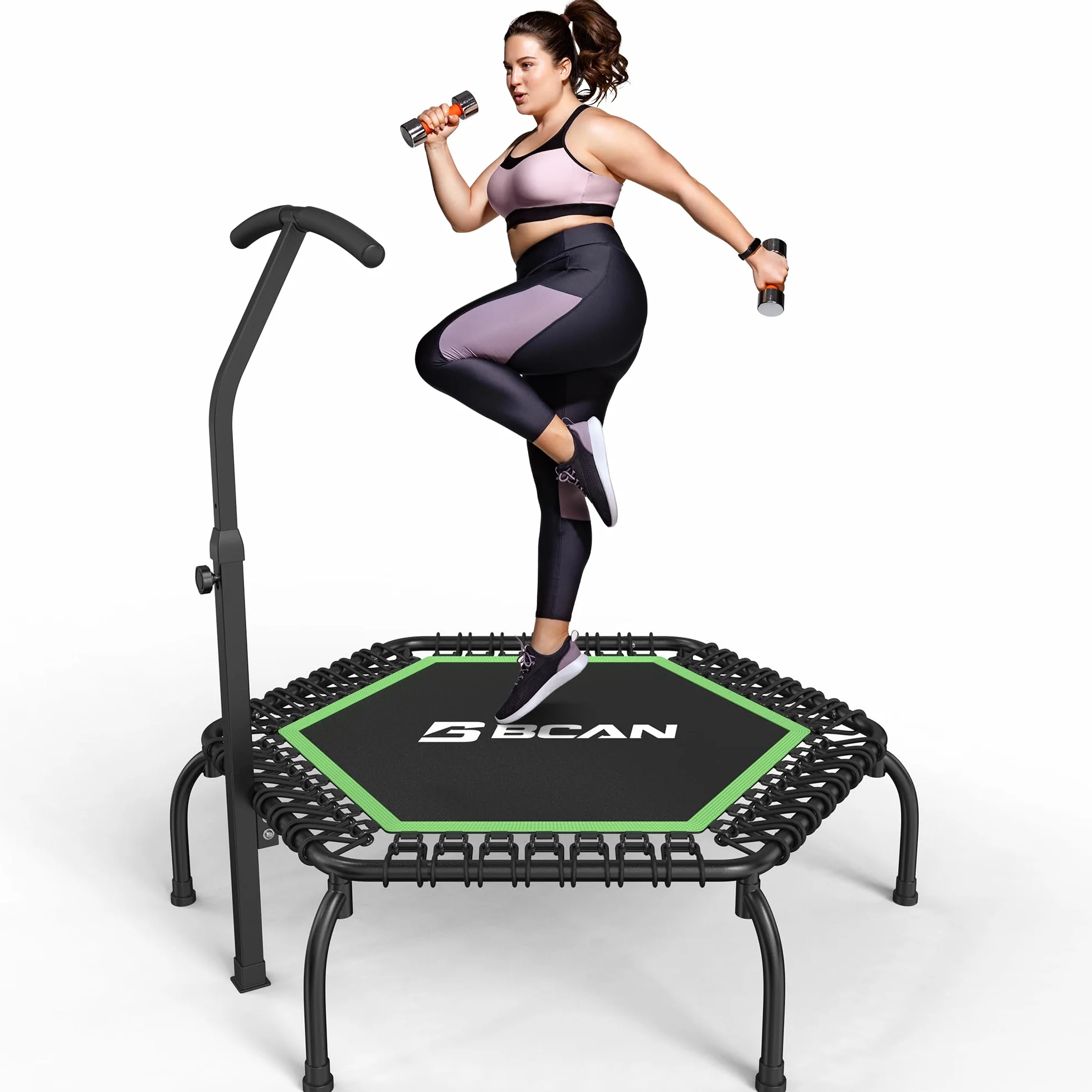 Trampolina wewnętrzna BCAN Fitness, średnica 102/122 cm, mini trampolina bungee/sprężynowa, odpowiednia dla osób dorosłych o wadze do 204/250 kg, z regulowanymi uchwytami, cicha i niskowibracyjna.