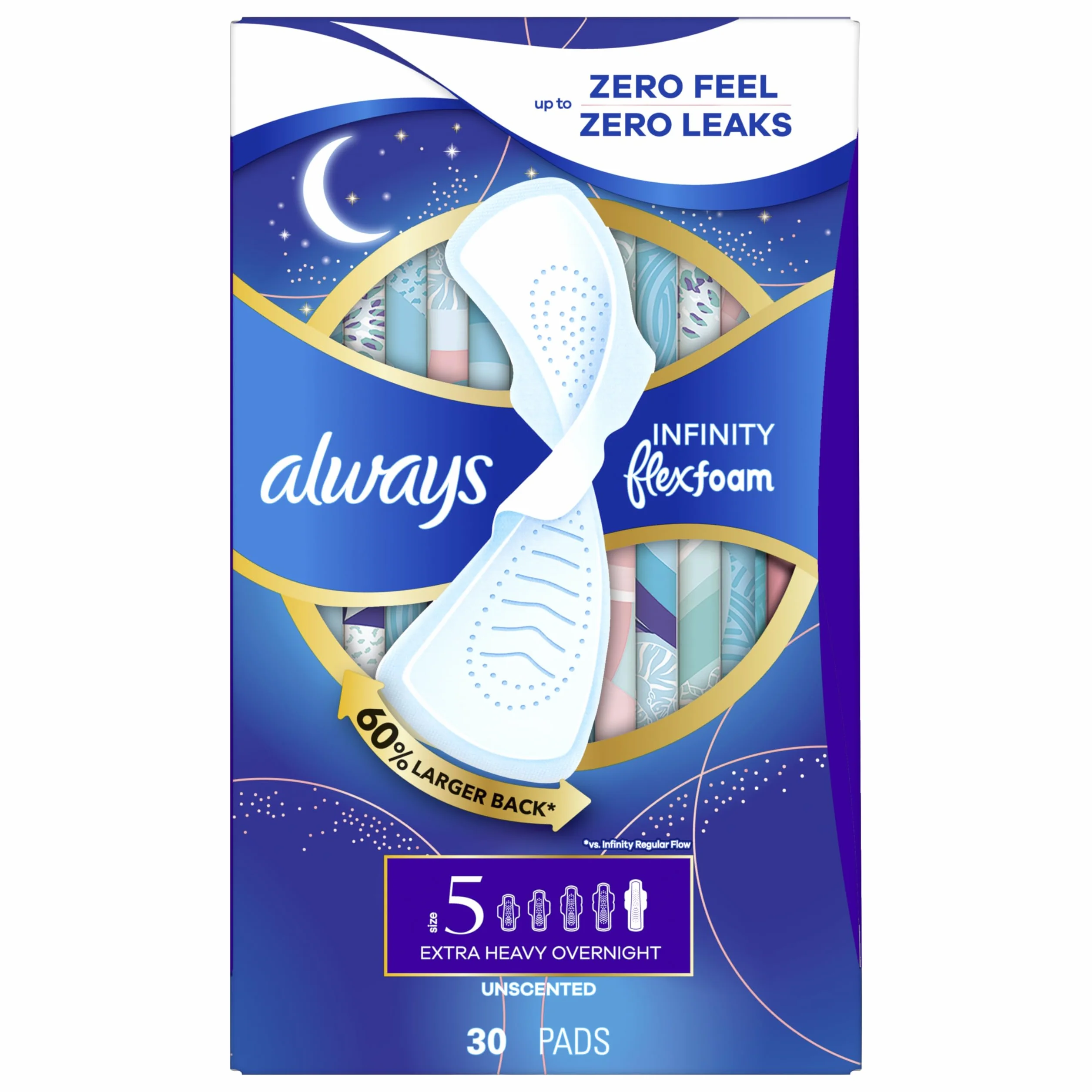 Always Infinity Kobiece wkładki dla kobiet, rozmiar 5 bardzo ciężkie na noc, ze skrzydłami, bezzapachowe, 30 sztuk