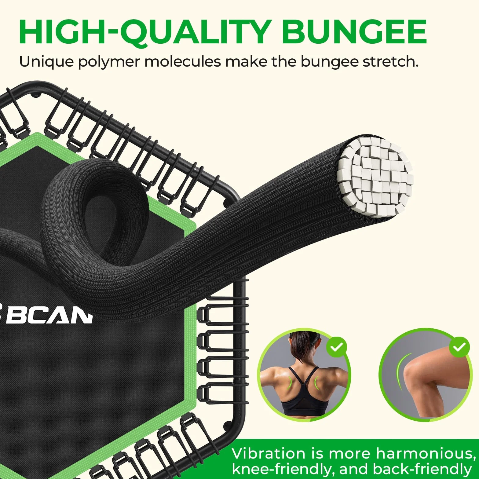 Trampolina wewnętrzna BCAN Fitness, średnica 102/122 cm, mini trampolina bungee/sprężynowa, odpowiednia dla osób dorosłych o wadze do 204/250 kg, z regulowanymi uchwytami, cicha i niskowibracyjna.