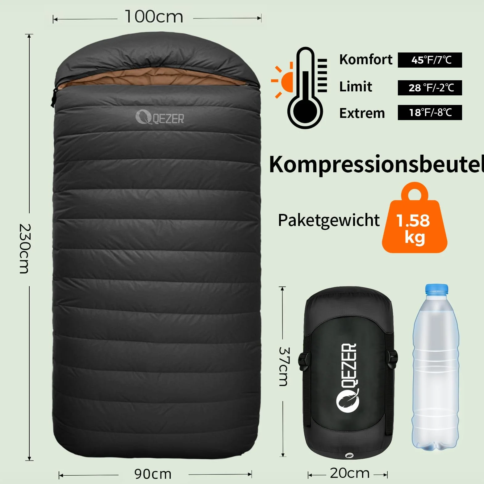 Śpiwór puchowy XXL 230 x 100 cm lekki ciepły na 3-4 pory roku dla dorosłych kemping