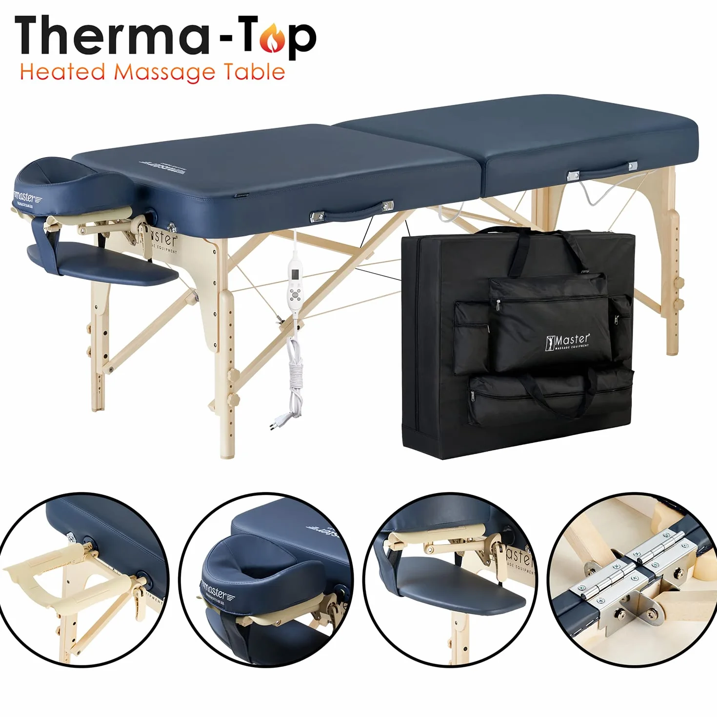 MASTER MASSAGE EQUIPMENT Phoenix Mobil składany leżak do masażu, 71 cm, zintegrowany system ogrzewania, łóżko do masażu, leżanka kosmetyczna, drewno i stół do noszenia, królewski błękit, średni