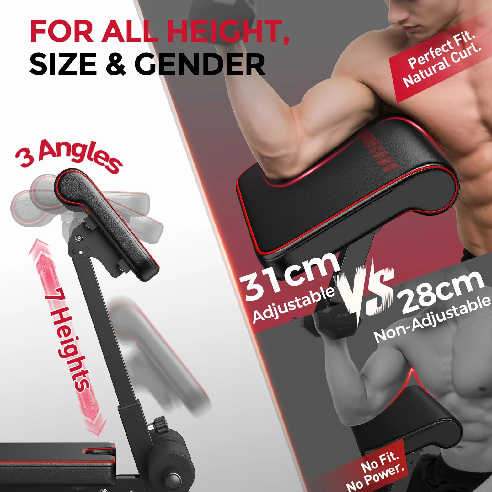 FLYBIRD Wielofunkcyjna ławka treningowa regulowana składana z przedłużeniem nóg, podkładką Preacher Curl, nośność 360 kg