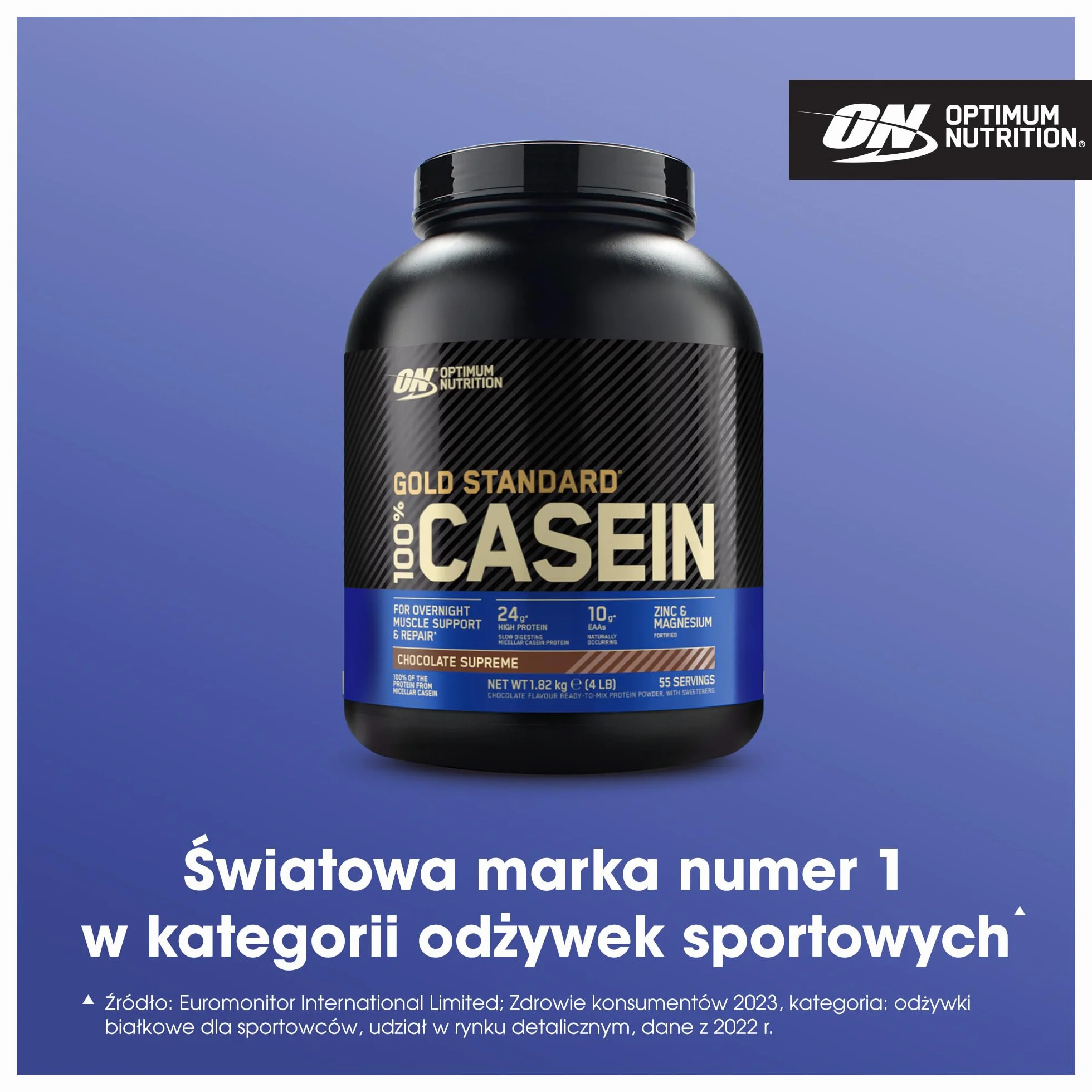 Optimum Nutrition Gold Standard 100% Casein Wolno przyswajalna odżywka na noc z cynkiem, magnezem i aminokwasami, wspomagająca wzrost i odbudowę mięśni, smak Chocolate Supreme, 55 porcji, 1,82 kg