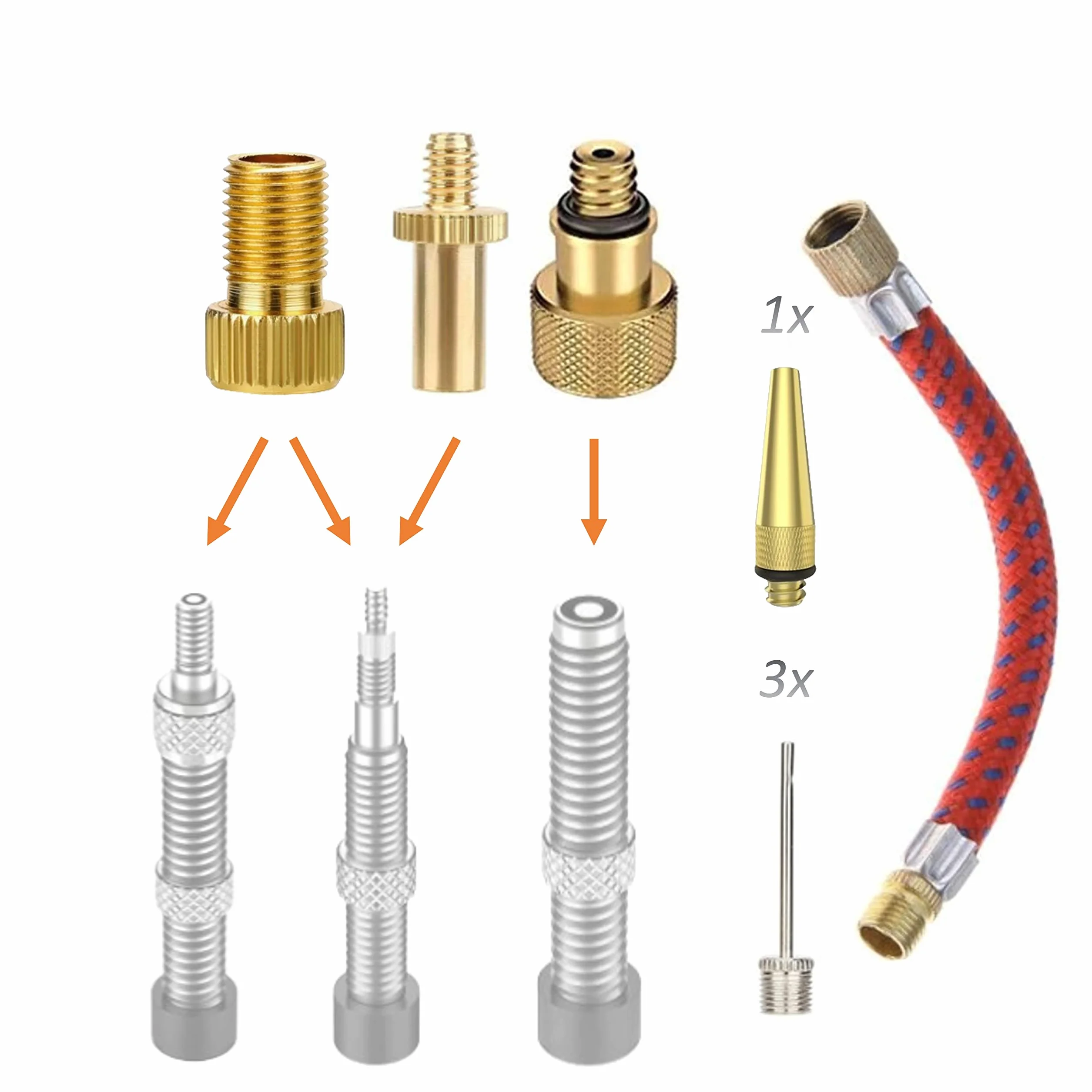 Manovella Zestaw adapterów do wentyli rowerowych AV DV SV – 3 adaptery + zestaw akcesoriów z 3 igłami do piłek i adapterem stożkowym – do wentyla samochodowego Schrader, Dunlop, Presta – z