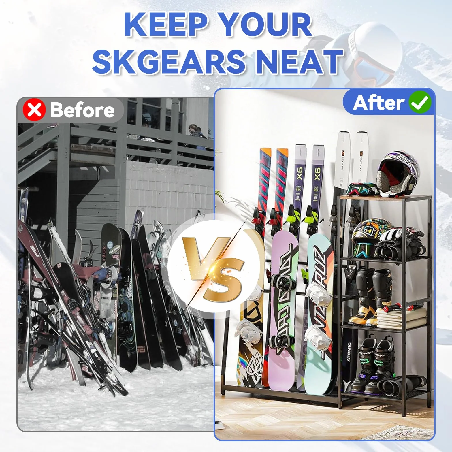 Regał do przechowywania nart, stojak na 4 pary nart, 3 deski snowboardowe, buty narciarskie, kijki narciarskie, gogle narciarskie i stojak na kask, stojak na deskę snowboardową do garażu i domu