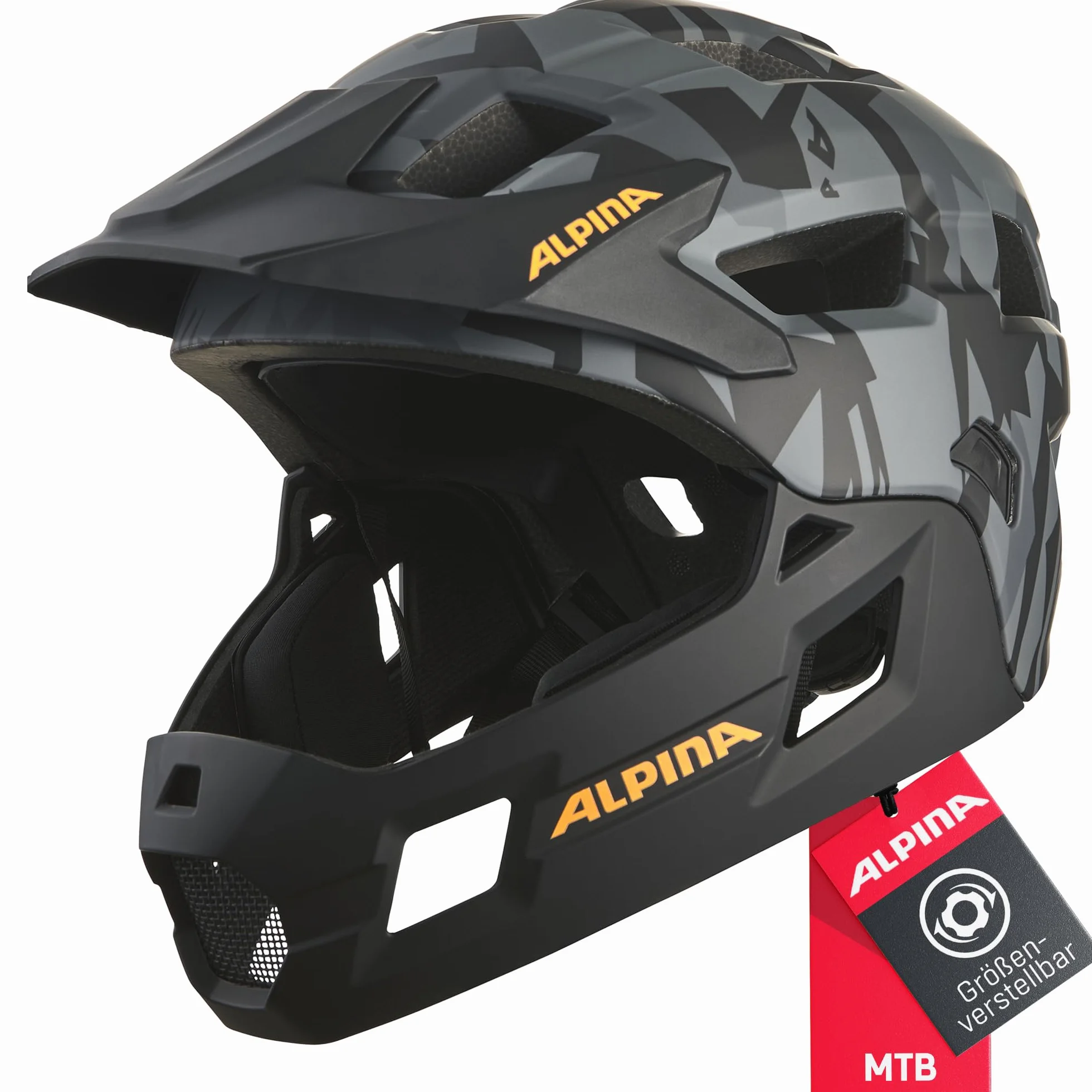 ALPINA RUPI, black-camo orange matt, 50-55 cm, fullface kask dla dzieci, optymalna ochrona i bezpieczeństwo, indywidualnie dopasowany