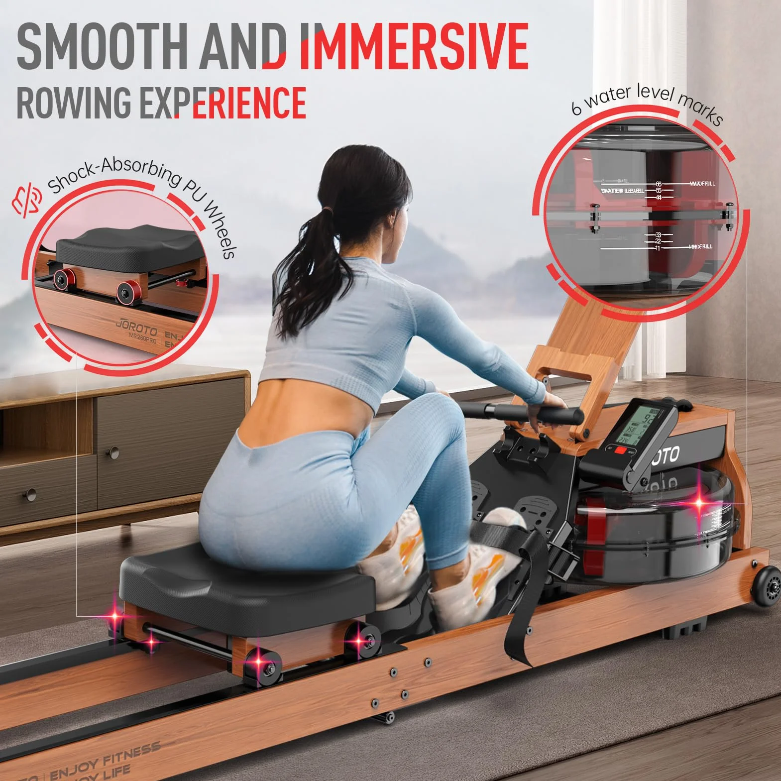 JOROTO Drewniany wioślarz składany z Bluetooth nośność 330LB