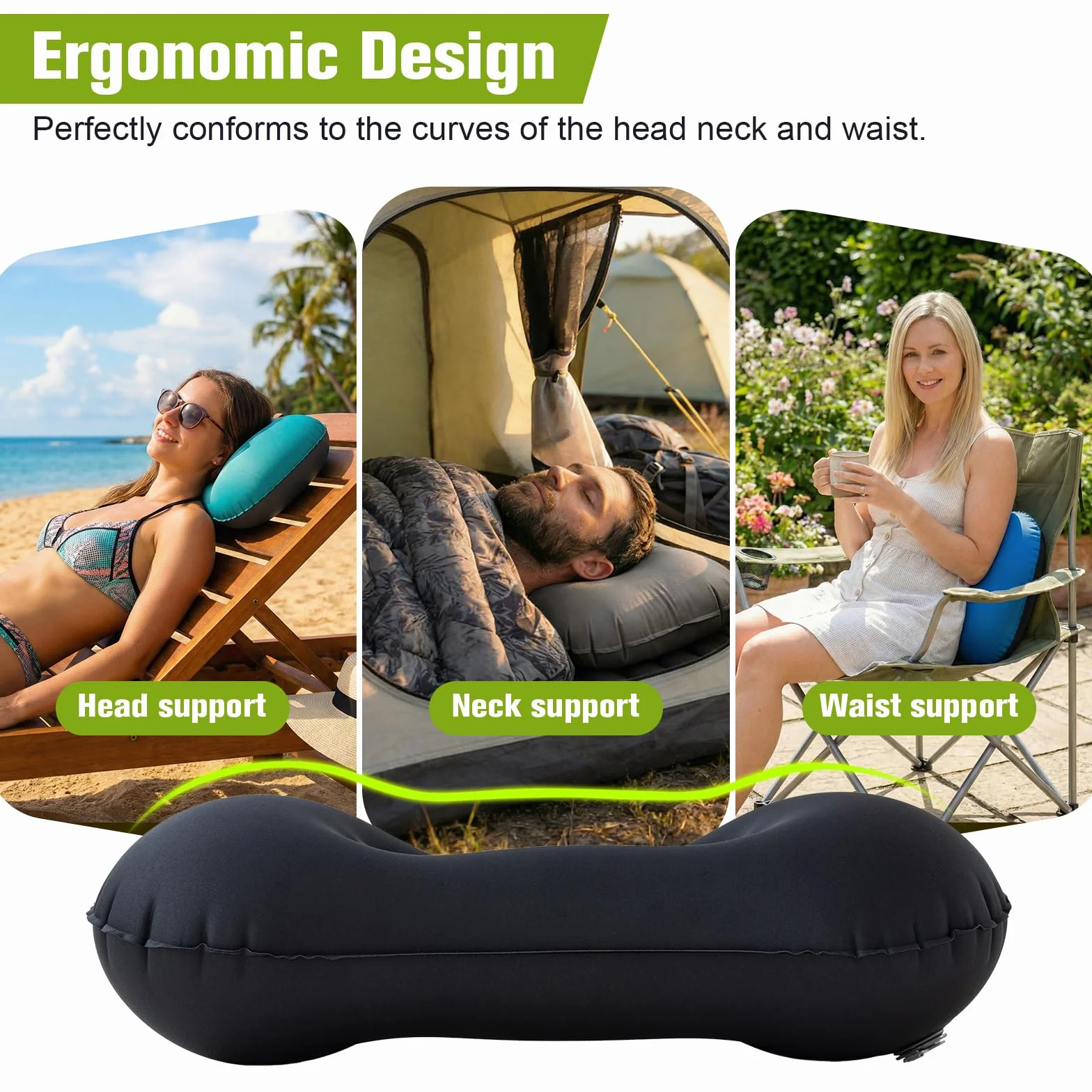 Poduszka Kempingowa Dmuchana i Nadmuchiwana Lekka i Kompaktowa, Poduszka Podróżna z Ergonomicznym Wsparciem na Biwak, Backpacking, Wędrówki i Plażę, Akcesoria Campingowe (Czarny)