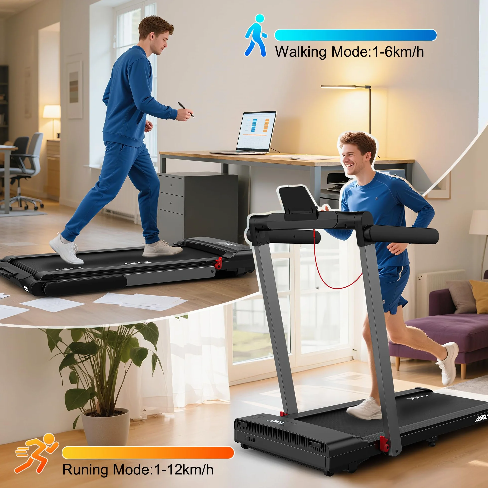 Walking Pad bieżnia do domu, 3 w 1 z silnikiem 2,5 KM, muzyka Bluetooth, 12 km/h i 12 programów treningowych, składana z aplikacją i pilotem zdalnego sterowania, idealna do treningu w domu