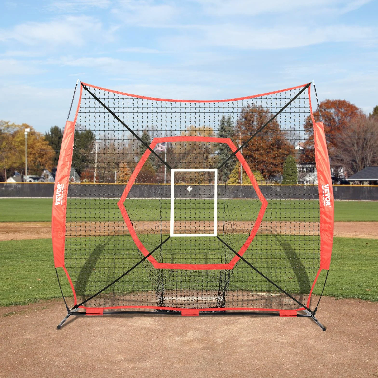 VEVOR 2,1 x 2,1 m siatka treningowa do softballu, przenośna siatka treningowa do uderzania, łapania mrugnięcia, sprzęt baseballowy, pomoce treningowe z ramą kokardową, torbą do przenoszenia i strefą