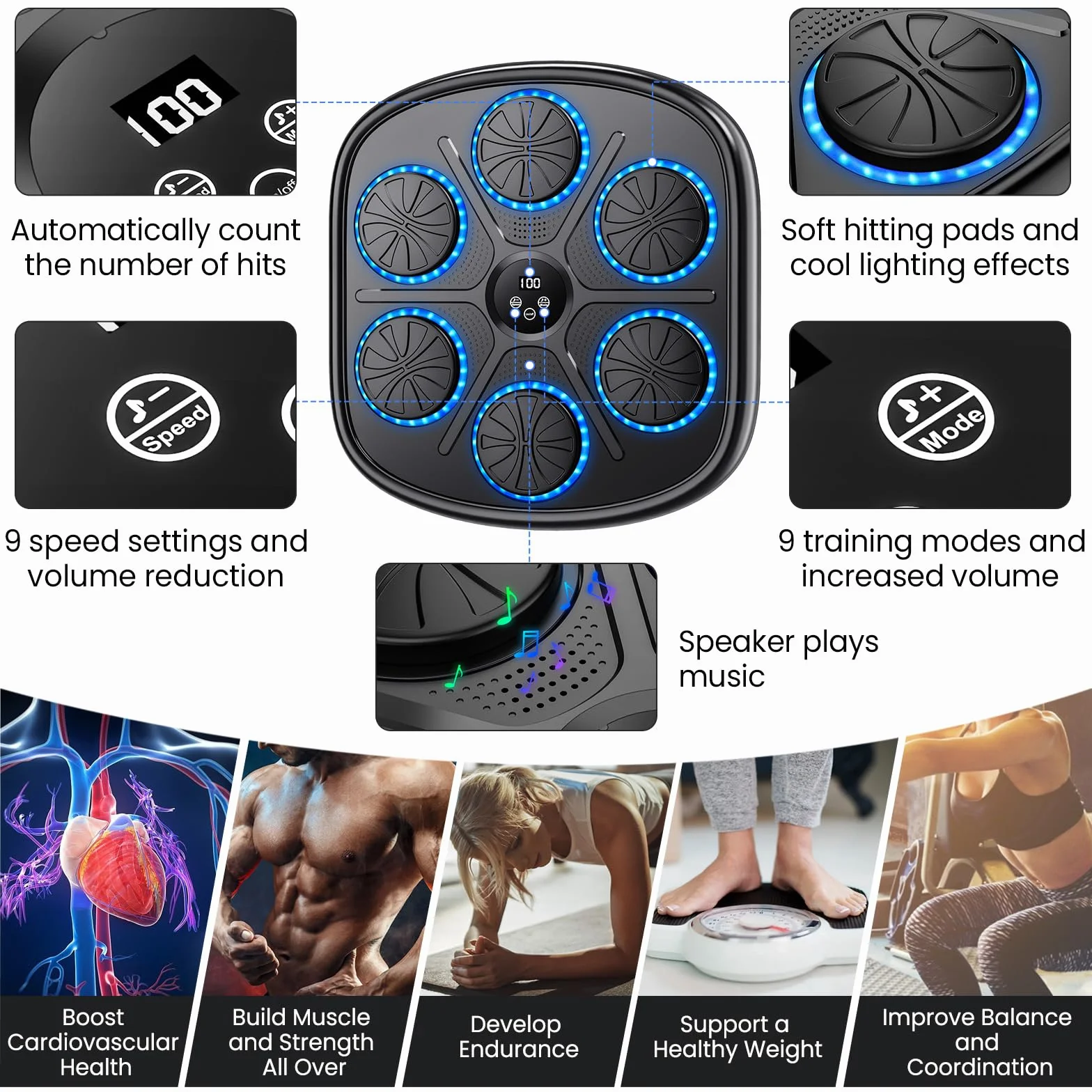 Music Boxing Machine, 2025 nowa inteligentna maszyna do boksu muzycznego z 9 prędkościami, 9 trybami treningowymi, Bluetooth, automatycznym licznikiem, ściennym celownikiem bokserskim LED dla