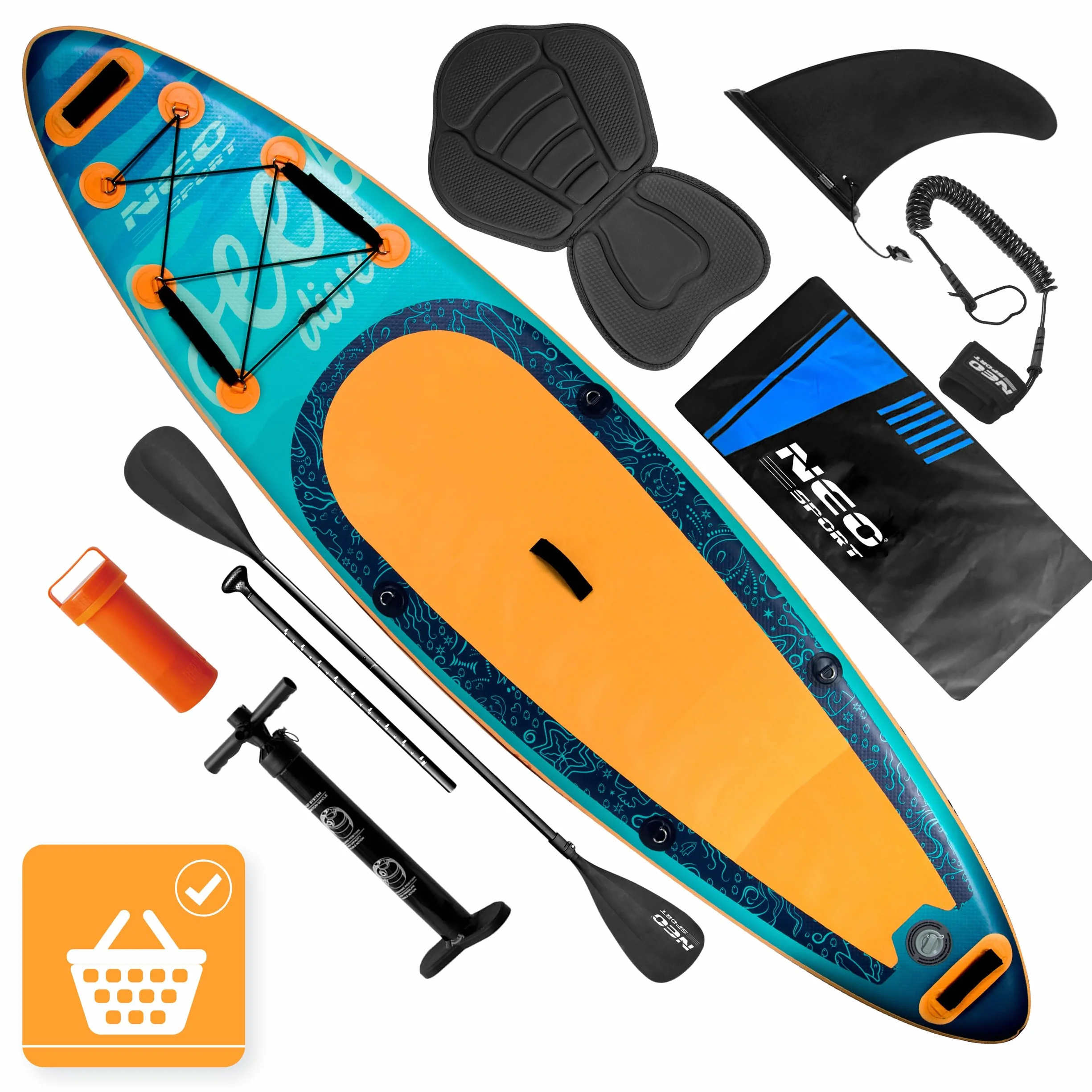 Neo-Sport Deska SUP - Stand Up Paddle Board Aquasurf 10.6 - Uniwersalna Deska Allround - Zestaw dla Początkujących do Rekreacji - 320x84x15 cm - do 140kg - Wiosło, Pompka, Smycz i Plecak - Brązowa