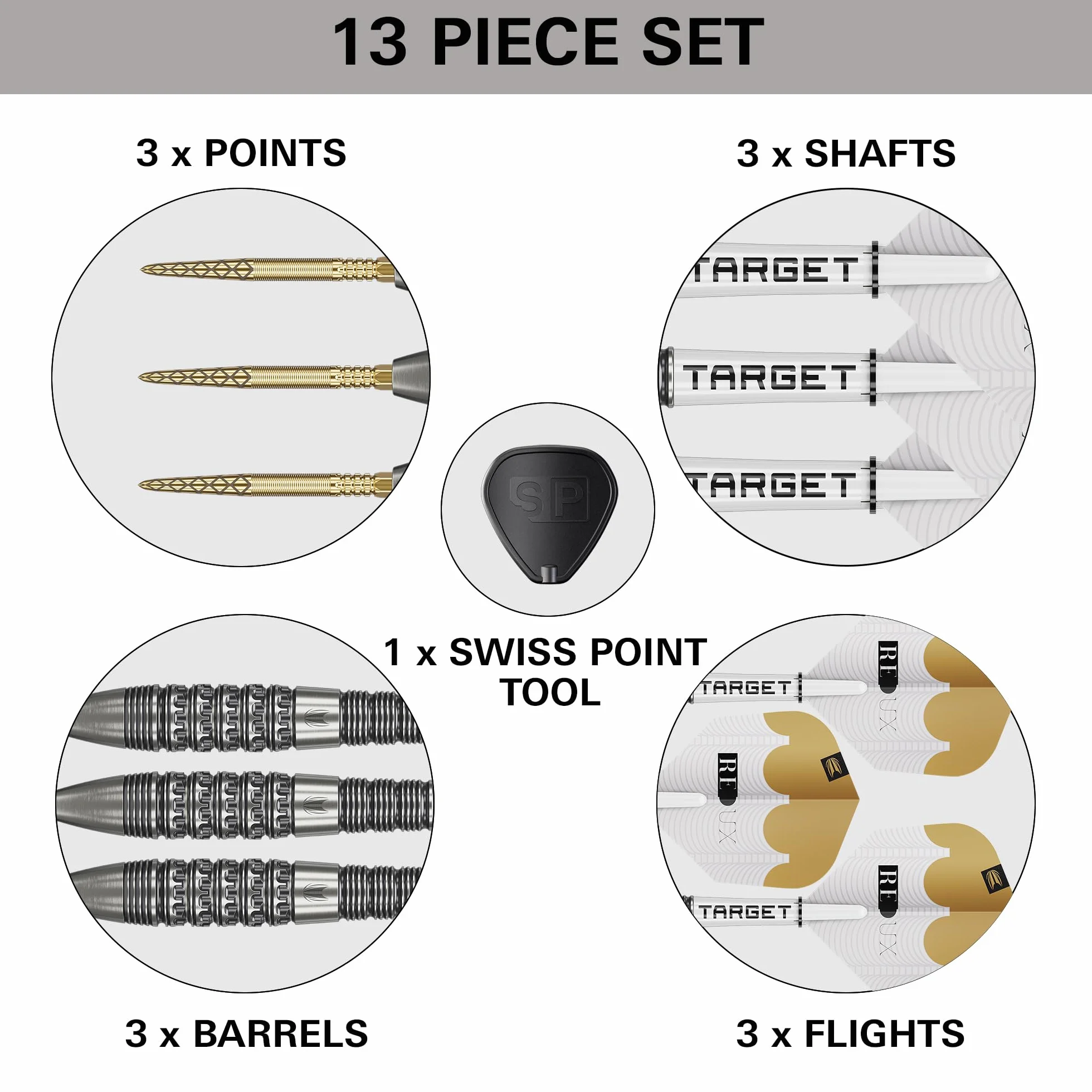 Target Darts Redux 90% Tungsten Swiss Point Steel Tip Dart Set (Barrel 01/02/03), 22G/23G/24G/25G/26G | Pro Ultra No.6 Flights & Pro Grip Tag Shafts, DX Points Gold & SP Tool w zestawie