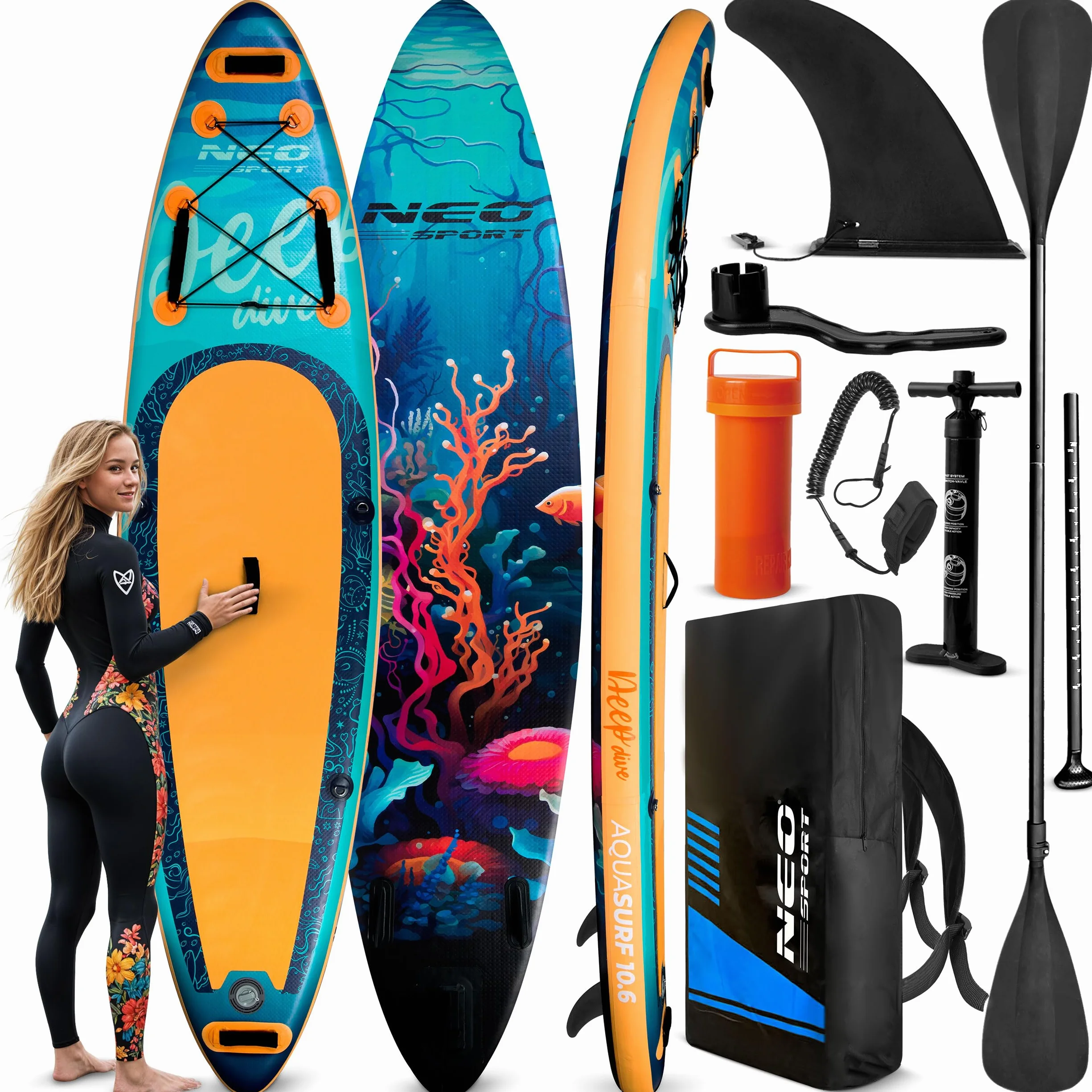 Neo-Sport Deska SUP - Stand Up Paddle Board Aquasurf 10.6 - Uniwersalna Deska Allround - Zestaw dla Początkujących do Rekreacji - 320x84x15 cm - do 140kg - Wiosło, Pompka, Smycz i Plecak - Brązowa
