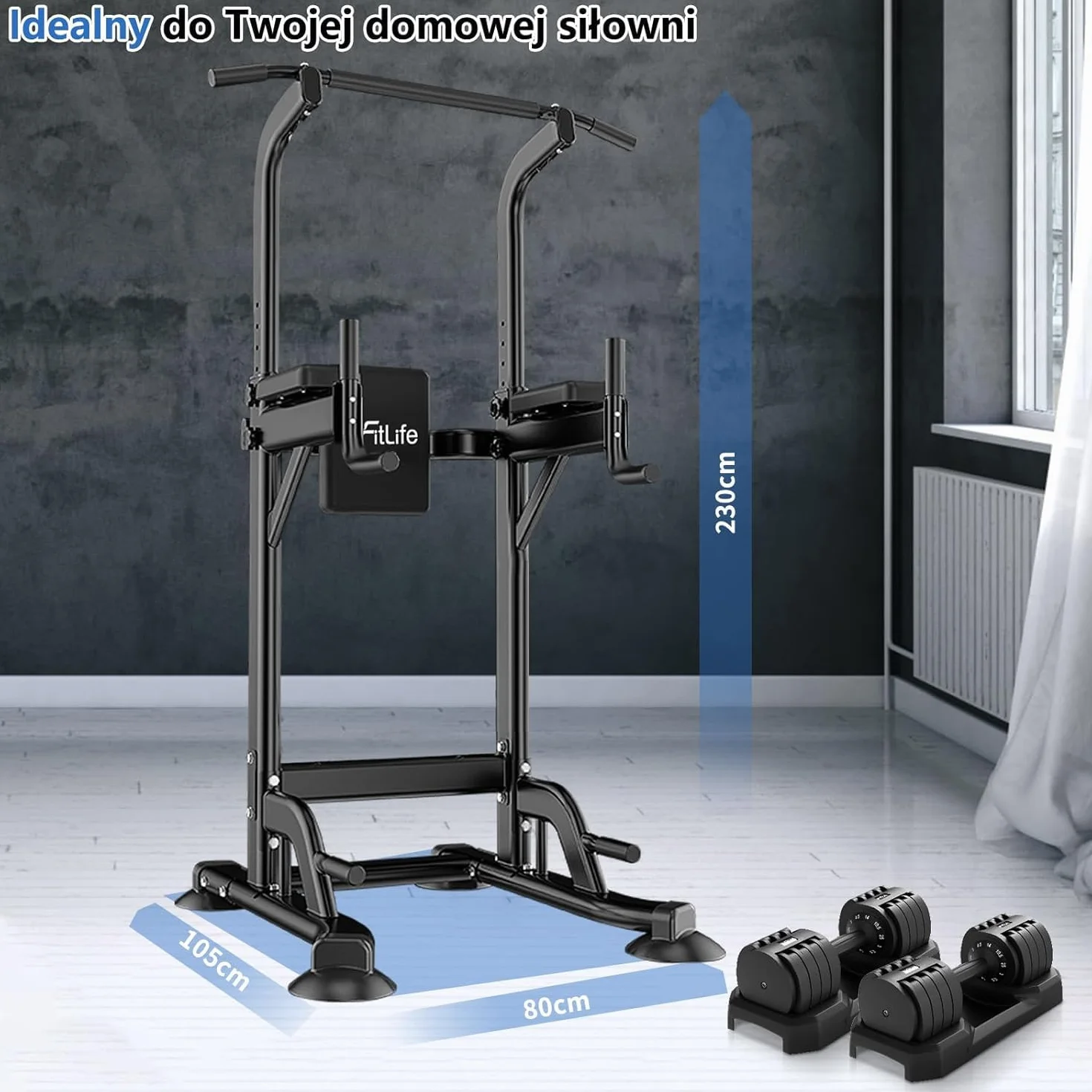 DH FitLife Power Tower Dip Station Sprzęt sportowy z drążkiem do podciągania, drążkami dip i plecami, stacją treningową, stacją fitness, rzymskim krzesłem kulturystycznym, Power Rack dla domu