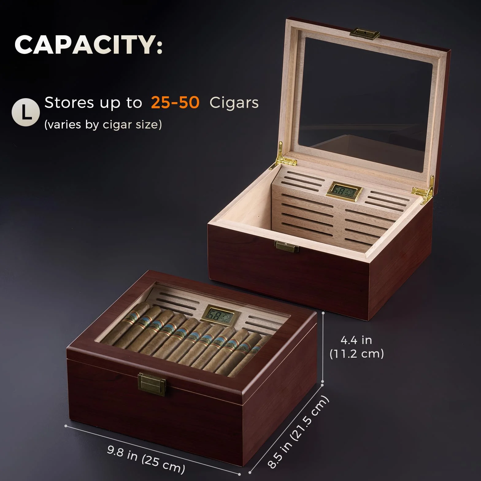 ProCase Humidor do cygar z drewna, z nawilżaczem powietrza, podszewką z drewna cedrowego, szklanym blatem, cyfrowym higrometrem, duży, brązowy