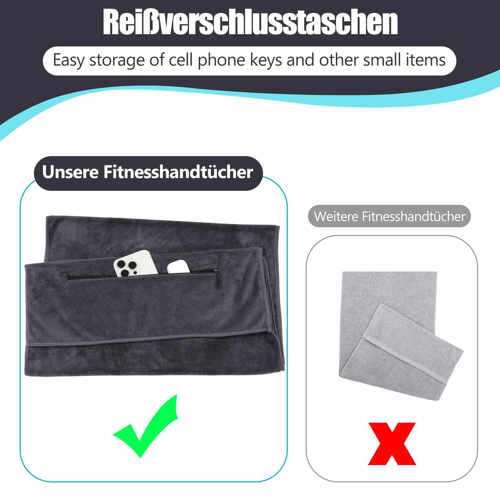Ręcznik do fitnessu 120x50cm, sportowy ręcznik z kieszenią na zamek błyskawiczny, ręcznik z mikrofibry z wysokiej jakości mikrofibry, super absorpcja potu, ręczniki do siłowni na siłownię, trening