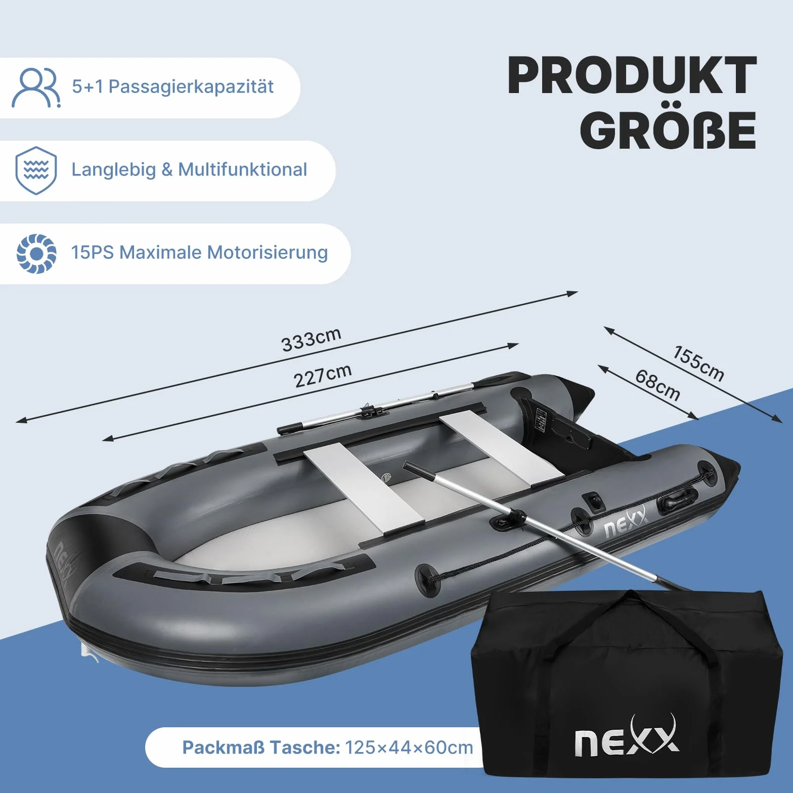 NEXX profesjonalna łódź sportowa, ponton wędkarski, 330 cm z dmuchanym dnem – łódź wędkarska z torbą do przenoszenia, kolor jasnoszary – w zestawie 2 wiosła i zestaw naprawczy