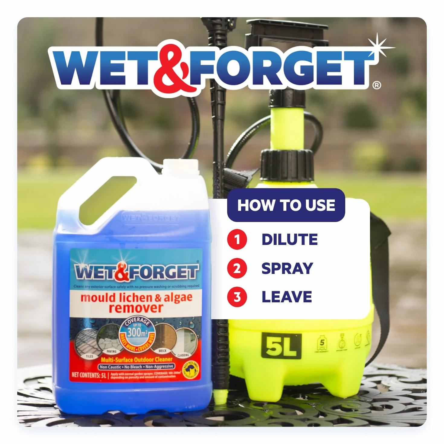 Wet & Forget Środek do usuwania pleśni, porostów i glonów, środek do czyszczenia tarasów na zewnątrz, środek do usuwania czarnych plam, bez wybielania, 5L