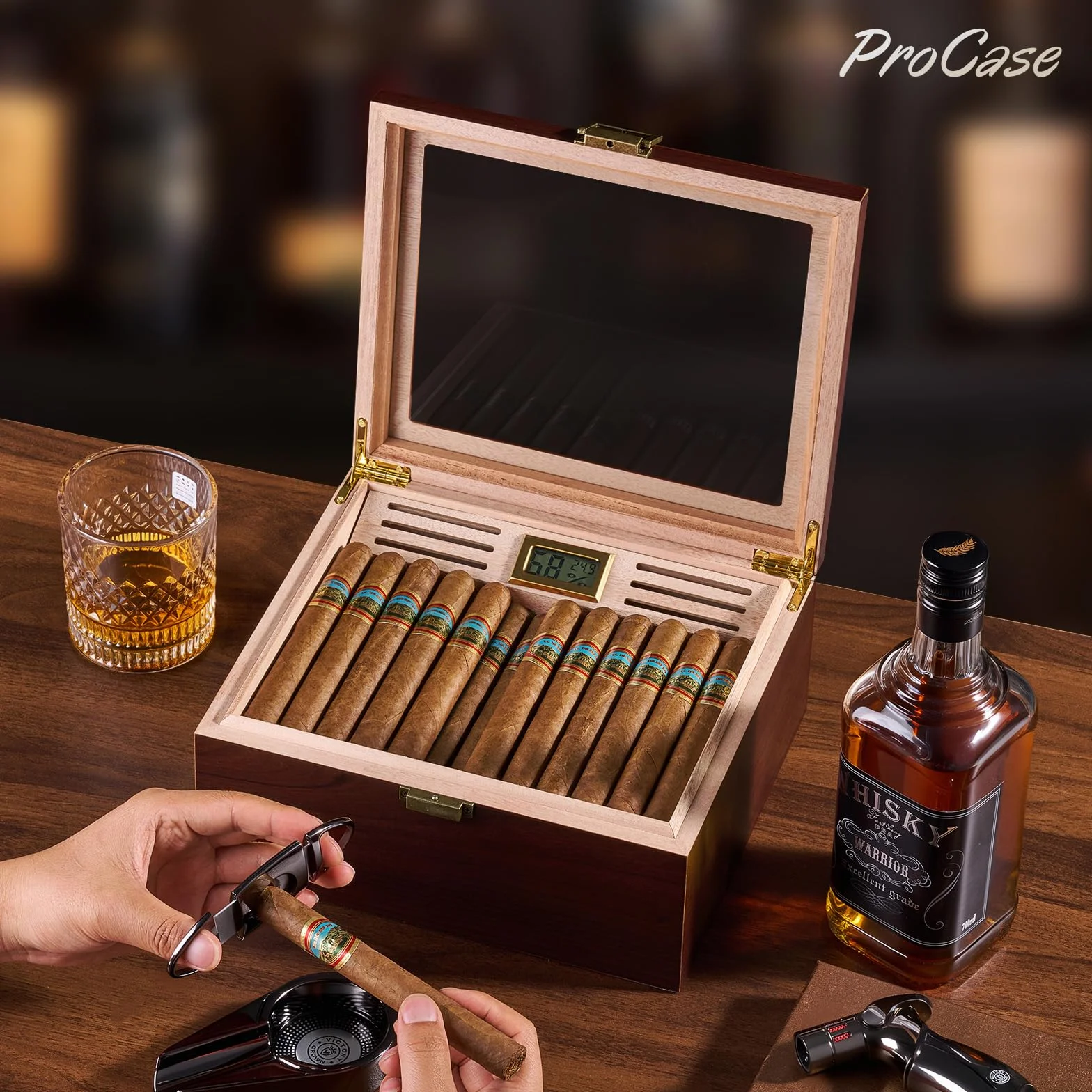 ProCase Humidor do cygar z drewna, z nawilżaczem powietrza, podszewką z drewna cedrowego, szklanym blatem, cyfrowym higrometrem, duży, brązowy